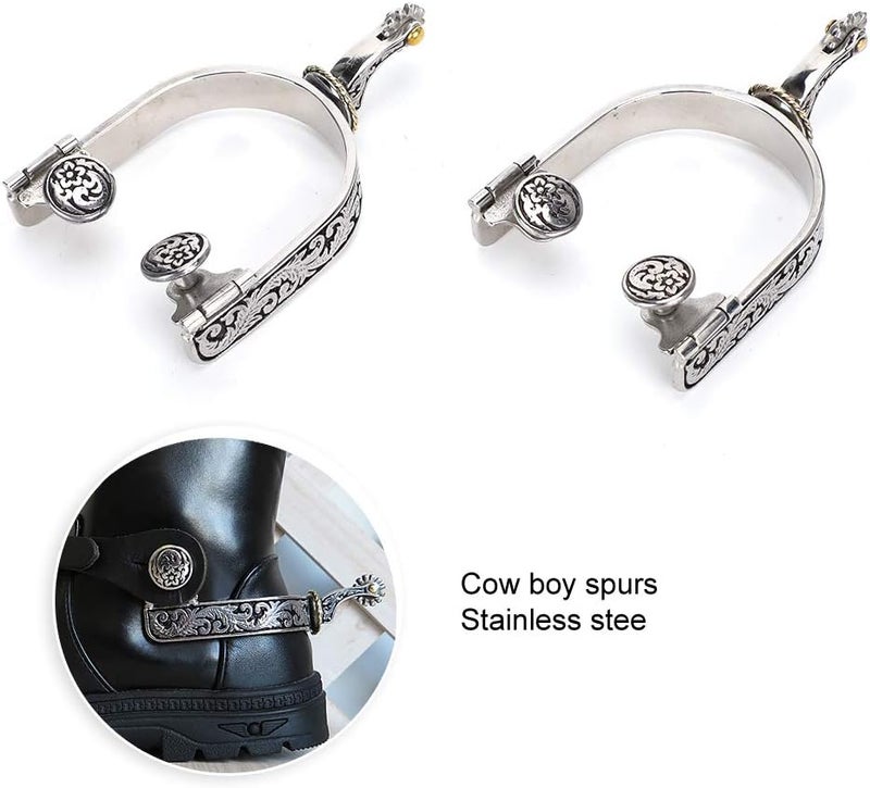 woobles Stainless Steel West Cowboy Exquisite Pattern Horse Boot Spurs Decoration with Gear for Equestrian Competition Entertainment - Image 4